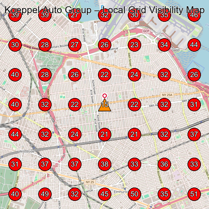 Koeppel Auto Group GeoGrid visibility map for Nissan Dealer in Jackson Heights